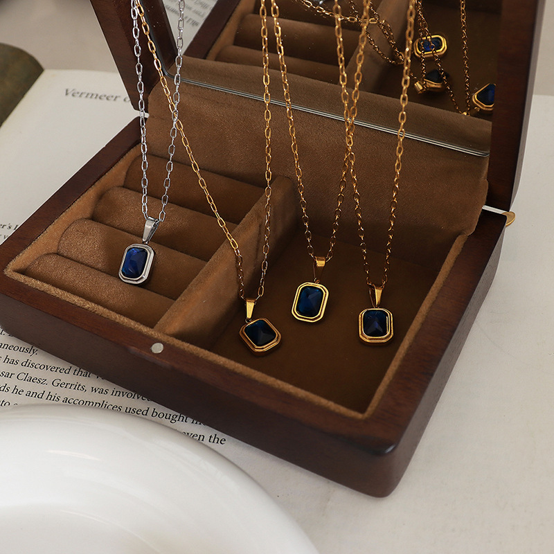 European Titanium Steel 18K PVD Gold Plated Blue Crystal Pendant Necklace Handmade Choker Necklace for Women - Image 2