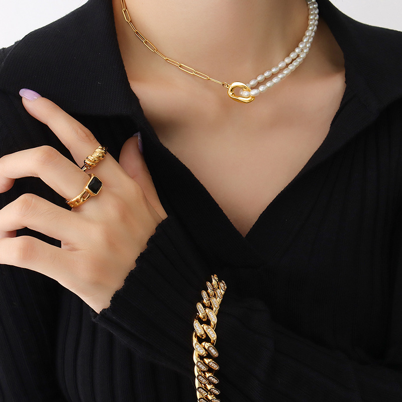 European Simple Freshwater Pearl Splicing Necklace 18K PVD Gold Plated Cold Minimalist Style Non-Fading Necklace - Image 2