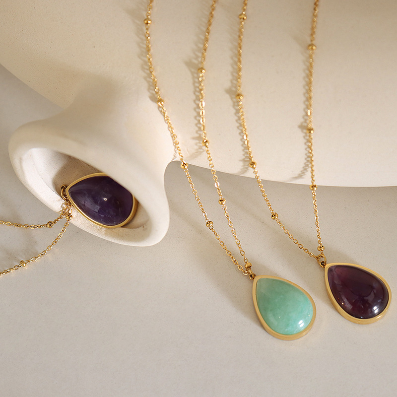 Korean Style Natural Stone Water Drop Oval Pendant Choker Necklace 18K PVD Gold Plated Titanium Steel Jewelry Wholesale - Image 3