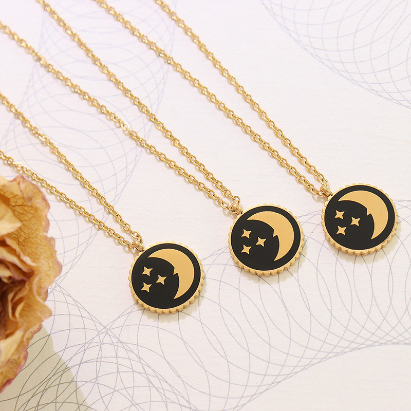 European Ins Jewelry Star Moon Round Plaque Pendant Necklace Titanium Steel 18K PVD Gold Plated Choker - Image 2