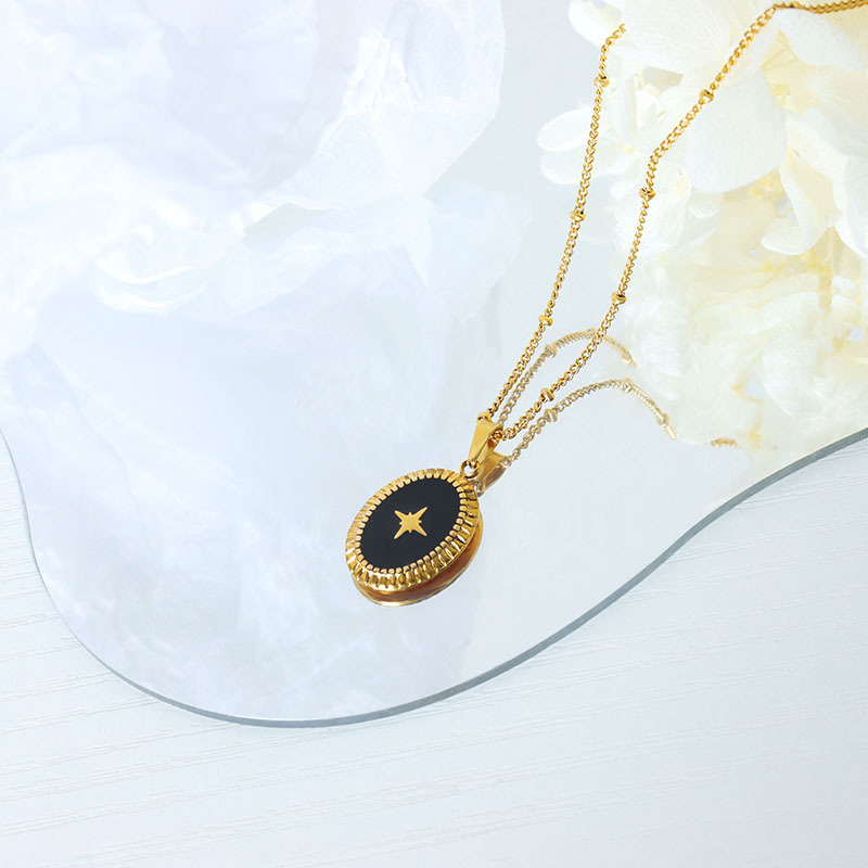 French Vintage Non-Fading Geometric Pendant Necklace 18K PVD Gold Plated Titanium Steel Radiant Star Oval Pendant Jewelry - Image 2