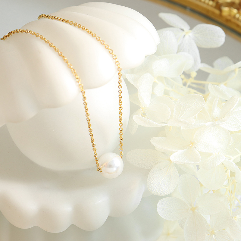 Titanium Steel Gold Plated Choker Necklace Imitation Pearl Pendant Non-Fading 18K PVD Gold Plated Jewelry Wholesale - Image 3
