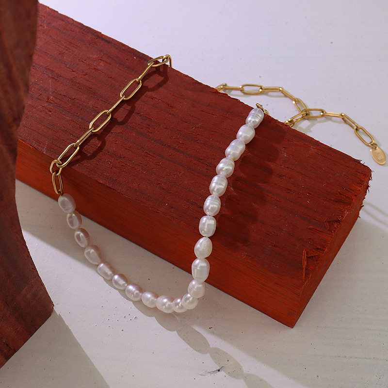 French Fashionable Versatile Choker Necklace Freshwater Pearl Splicing 18K PVD Gold Plated for Women - Image 3