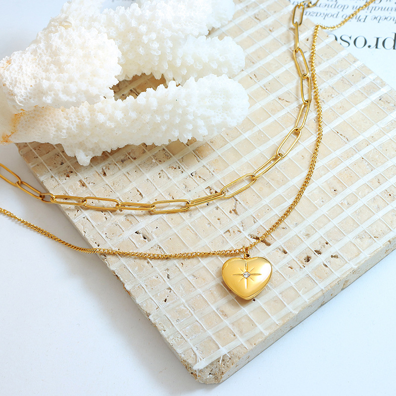 European Jewelry Double Layered Heart Star Pendant Necklace with Zircon 18K PVD Gold Plated Ins Style Choker - Image 3