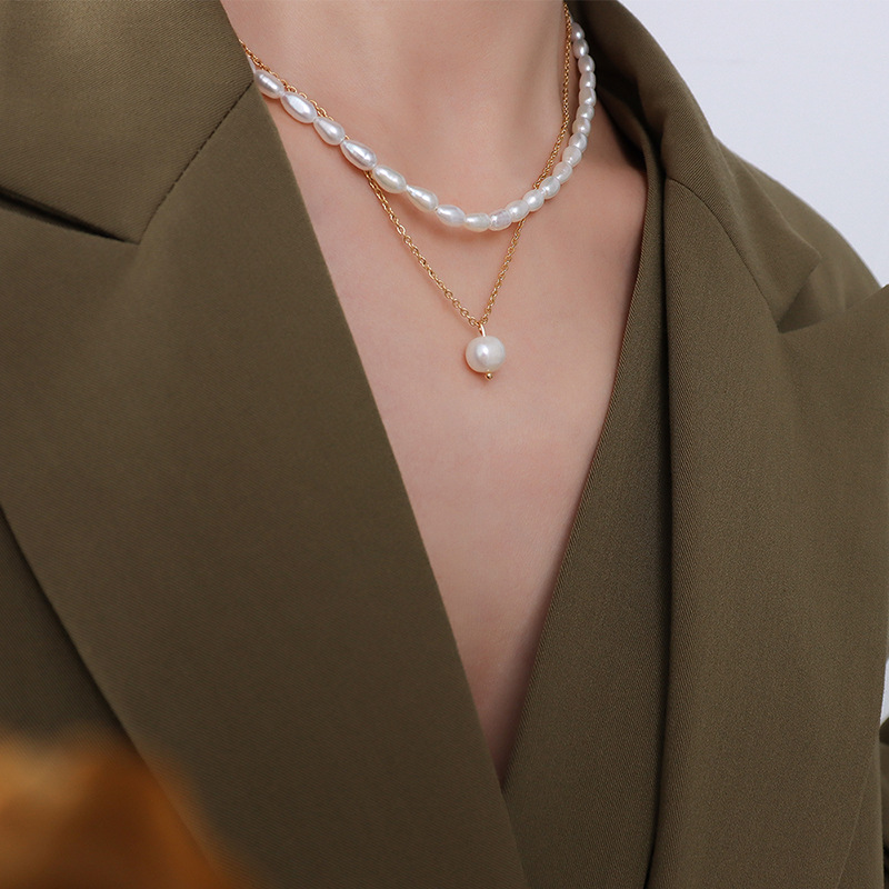 French Ins Style Freshwater Pearl Natural Growth Layered Necklace Hot Sale Titanium Steel Choker Jewelry - Image 3