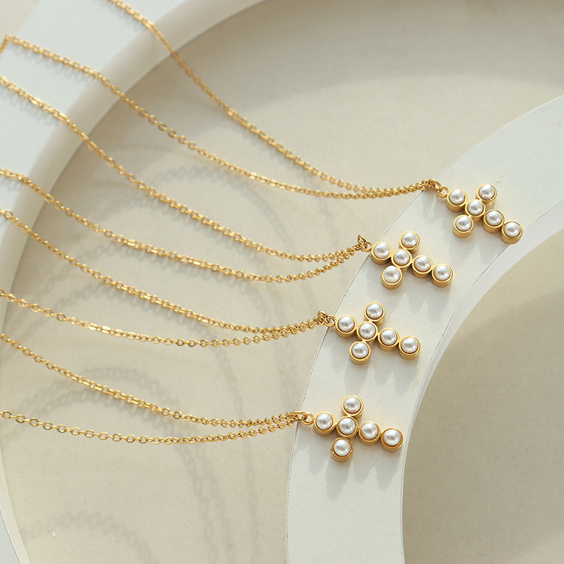 French Imitation Pearl Cross Pendant Necklace Fashionable Versatile Choker Jewelry Wholesale - Image 2