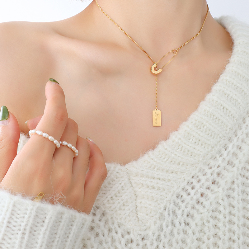 Korean Ins Style Pin Letter Square Pendant Necklace 18K PVD Gold Plated Titanium Steel Choker Jewelry for Women - Image 2