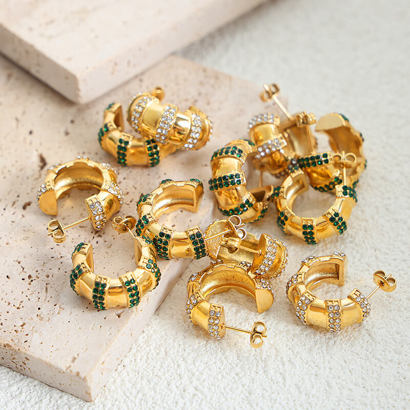 European new design titanium steel electroplated zircon C-shaped earrings vintage non-tarnish lightweight jewelry - Image 2