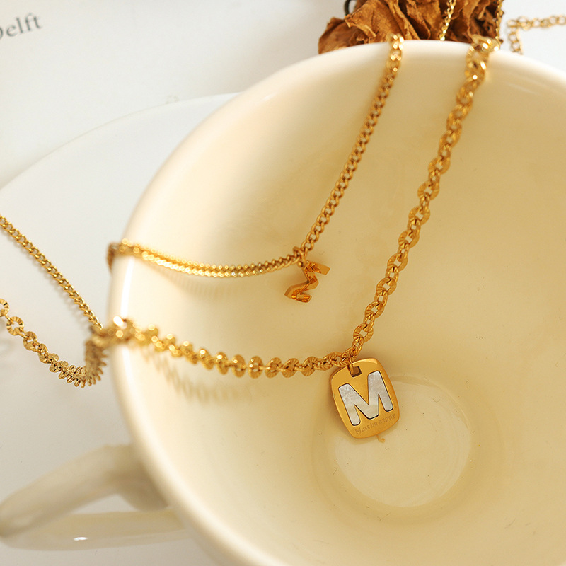 Trendy Style Korean Inspired Influencer Necklace Titanium Steel Gold Plated with White Shell Letter M Pendant Double Layered - Image 2