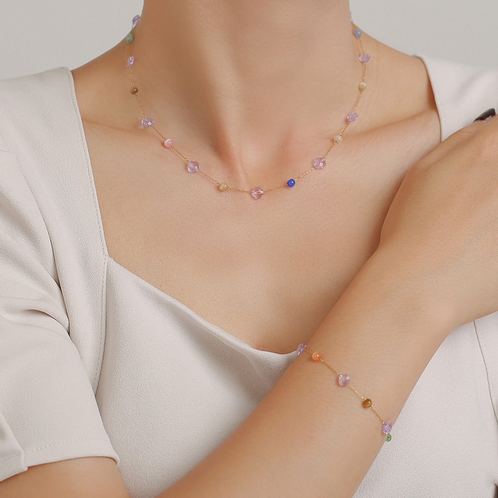 European Ins Style Multicolor Natural Stone Choker Necklace Bracelet Set Stainless Steel Handmade Dopamine Jewelry for Women - Image 2