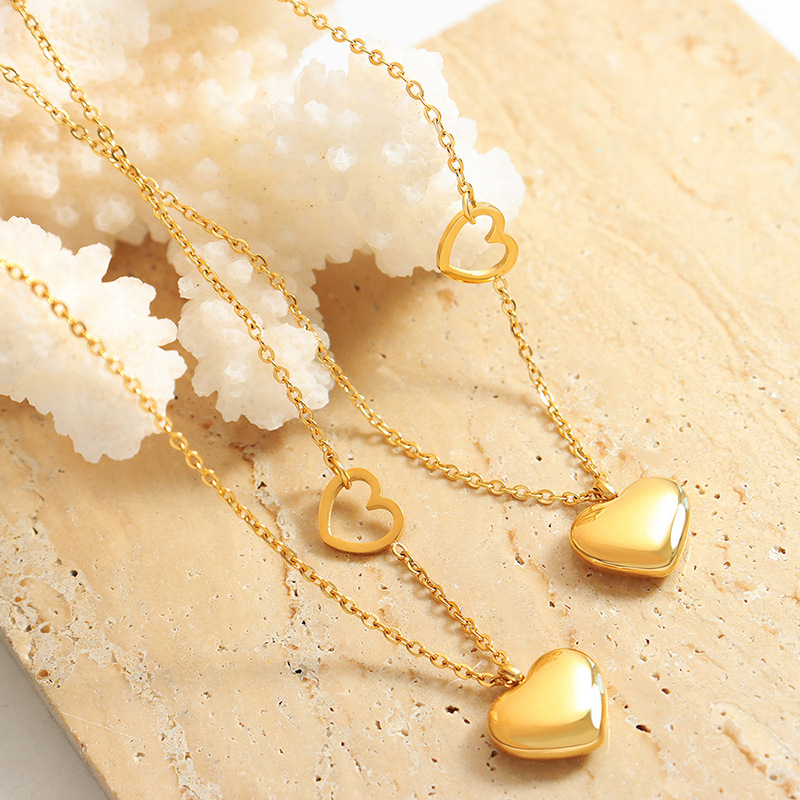 Blogger Style Influencer Jewelry Mini Double Heart Pendant Necklace Titanium Steel 18K PVD Gold Plated Versatile Choker - Image 2