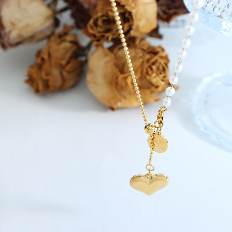 Round Heart Pendant Necklace Tassel Choker Chain Titanium Steel 18K PVD Gold Plated Vintage Imitation Pearl Necklace - Image 2