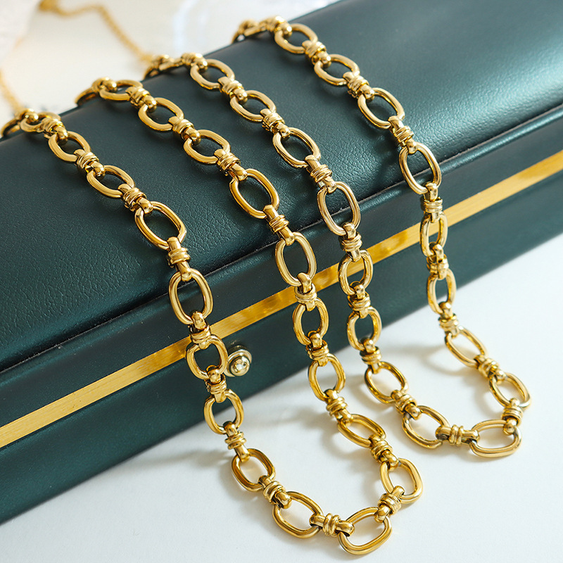 European Simple Chain Links Linked Chunky Necklace Bracelet Titanium Steel 18K PVD Gold Plated Hip-Hop Fashion Jewelry Set - Image 7