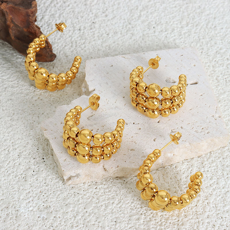 European C-shaped half-round triple-layer steel bead earrings titanium steel 18k PVD gold plated niche earrings - Image 2
