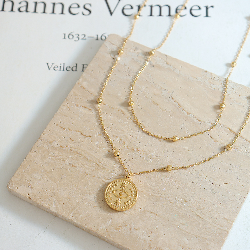 French Retro Pendant Necklace Bead Necklace Sexy Girl Accessories 18K PVD Gold Plated Single Eye Double Layer Necklace - Image 2