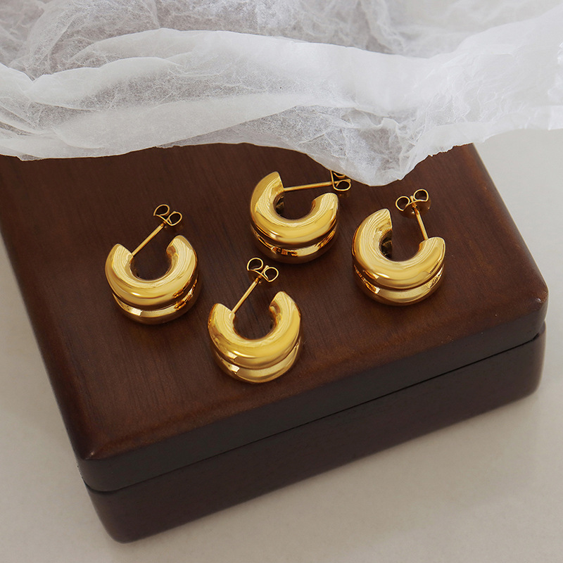 Double Layer C Shaped Half Hoop Earrings 18K Gold PVD Plated Stainless Steel Minimalist Vintage Style - Image 5