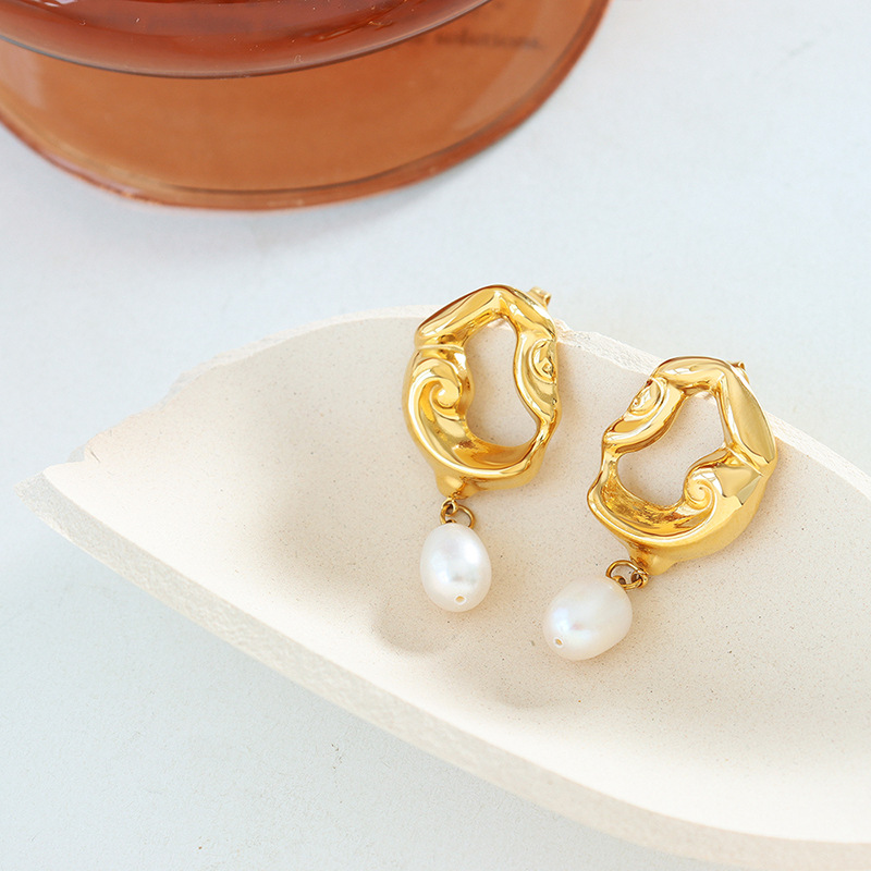 French Vintage Lava Hollow Earrings with Freshwater Pearl 18K Gold PVD Plated Stainless Steel Jewelry - Image 3
