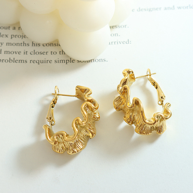 European ins-style new geometric pleated texture earrings niche design titanium steel 18k PVD gold plated ear buckles - Image 2