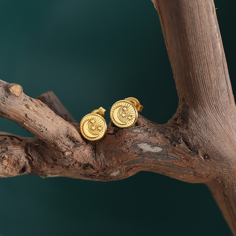 Factory direct niche design hypoallergenic stylish earrings titanium steel 18k PVD gold plated star and moon stud earrings - Image 2