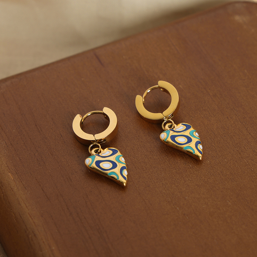 European cross-border new vintage ethnic titanium steel 18k PVD gold plated creative geometric enamel earrings - Image 3