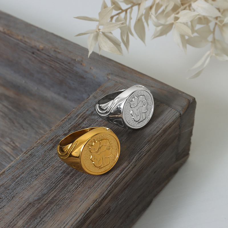 INS Cool Minimalist Geometric Relief Texture Titanium Steel Gold Plated Ring - Image 2