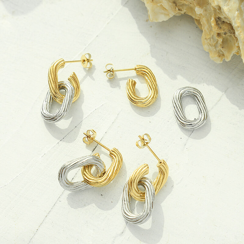 European INS Style Textured Handmade Oval Hoop Earrings 18K Gold PVD Plated Stainless Steel - Image 2