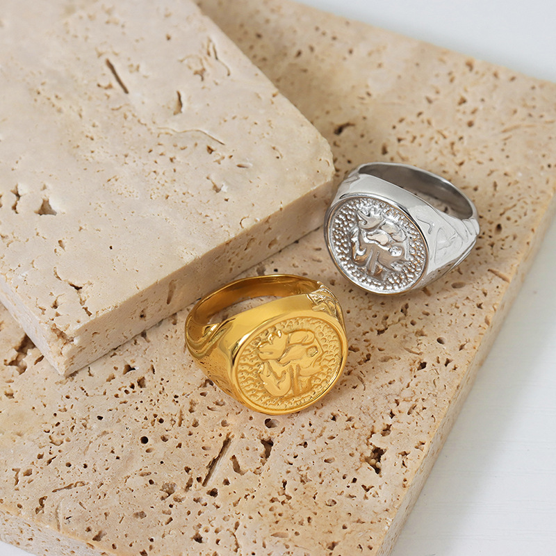 INS Cool Minimalist Geometric Relief Texture Titanium Steel Gold Plated Ring - Image 3