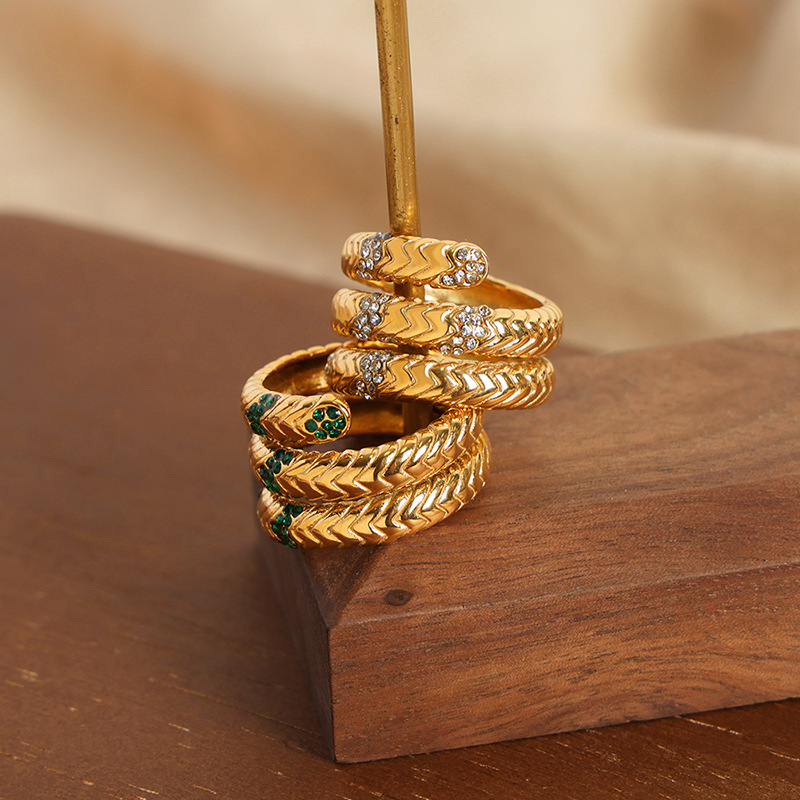 European American Fashion Retro Titanium Steel Gold Plated Multi-Color CZ Multi-Layer Textured Open Ring for Women - Image 3