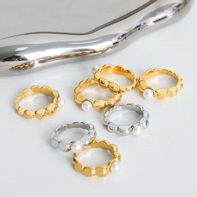 European High-End Titanium Steel Gold Plated Freshwater Pearl Ring Jewelry for Women Luxury Accessory - Image 3