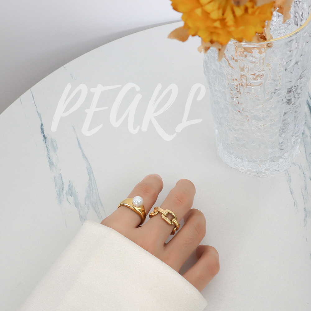 French Ins Style Small Designer Imitation Pearl Ring Titanium Steel 18K PVD Gold Plated Stackable Finger Ring for Women - Image 4