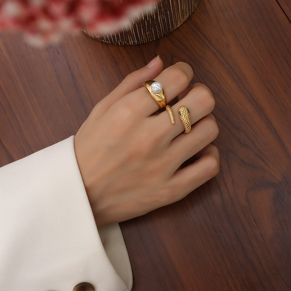 European Small Designer Luxury Jewelry Titanium Steel 18K PVD Gold Plated Geometric Snake Shape Open Ring - Image 5
