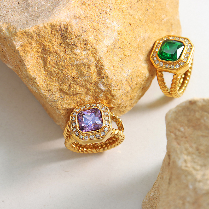 Hip-Hop Bold Fashionable Geometric Ring Inlaid with Purple Zircon and Green Crystal Titanium Steel 18K PVD Gold Plated - Image 3