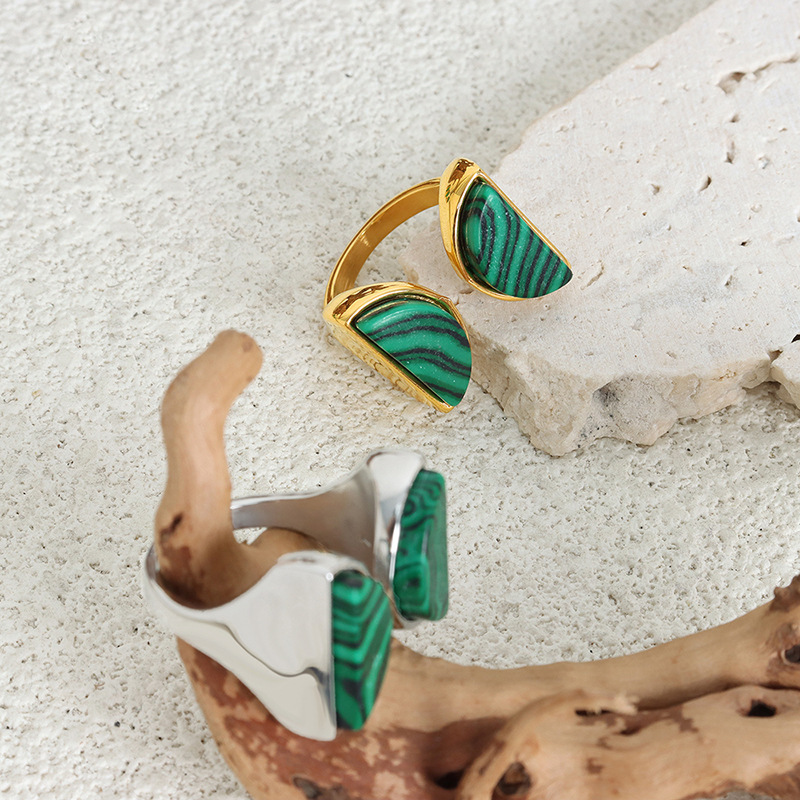 Retro Luxury Double Semi-Circle Open Ring Natural Peacock Green Turquoise Titanium Steel 18K PVD Gold Plated Jewelry for Women - Image 3