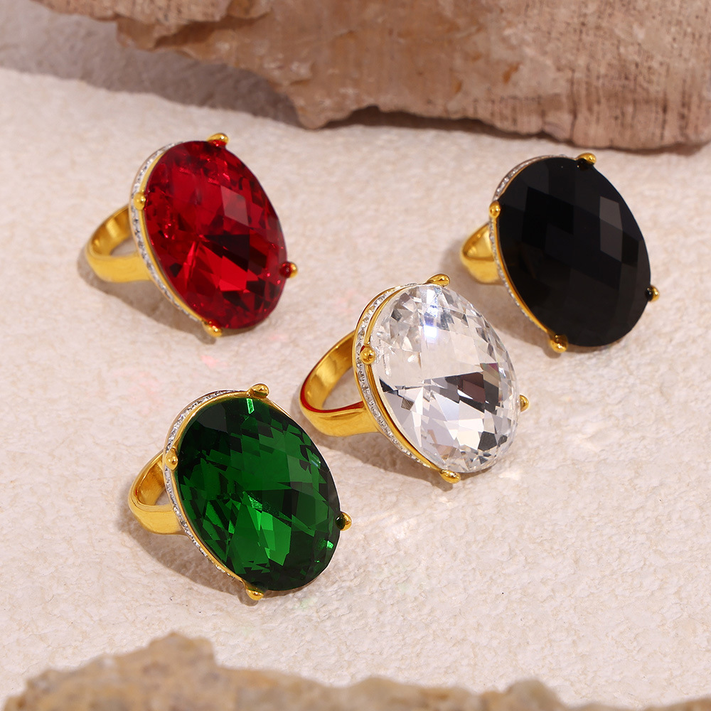 European Oval Stick CZ Large Glass Ring Titanium Steel 18K PVD Gold Plated Finger Ring Vintage Luxury Hand Jewelry - Image 2