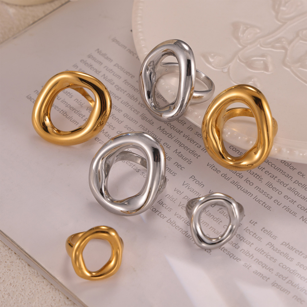 Ins Style Korean Casual Minimalist Geometric Hollow Irregular Circle Titanium Steel Gold Plated Ring Jewelry - Image 4