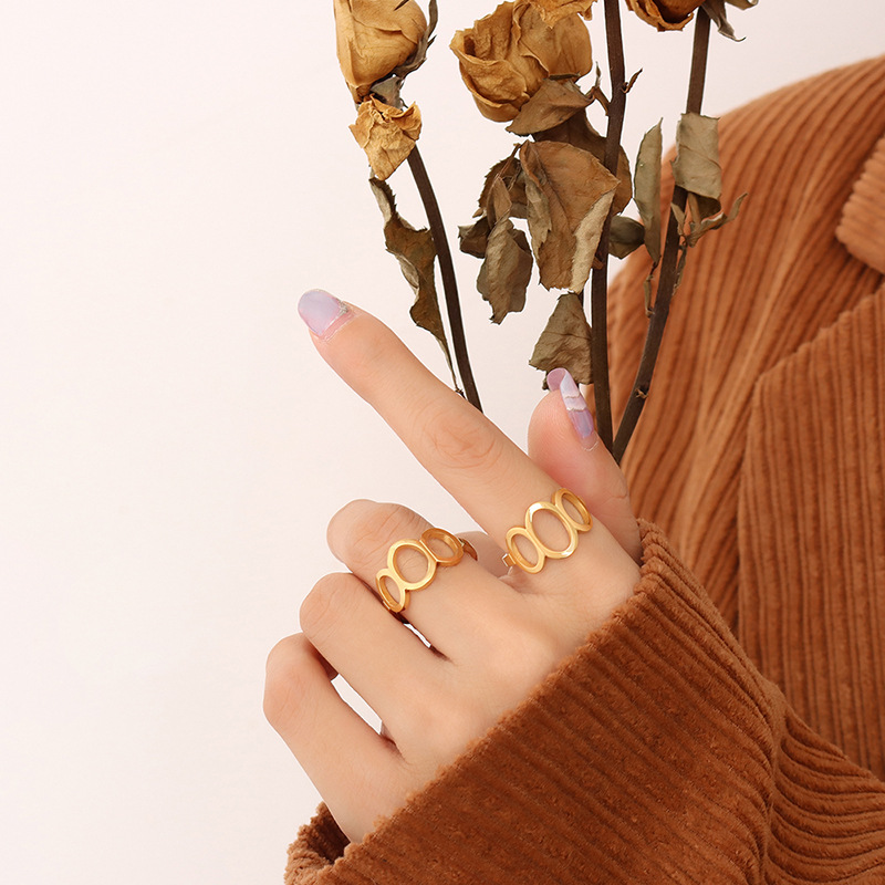 French Minimalist Cold Style Fashionable Oval Hollow Open Ring Titanium Steel 18K PVD Gold Plated Jewelry - Image 4