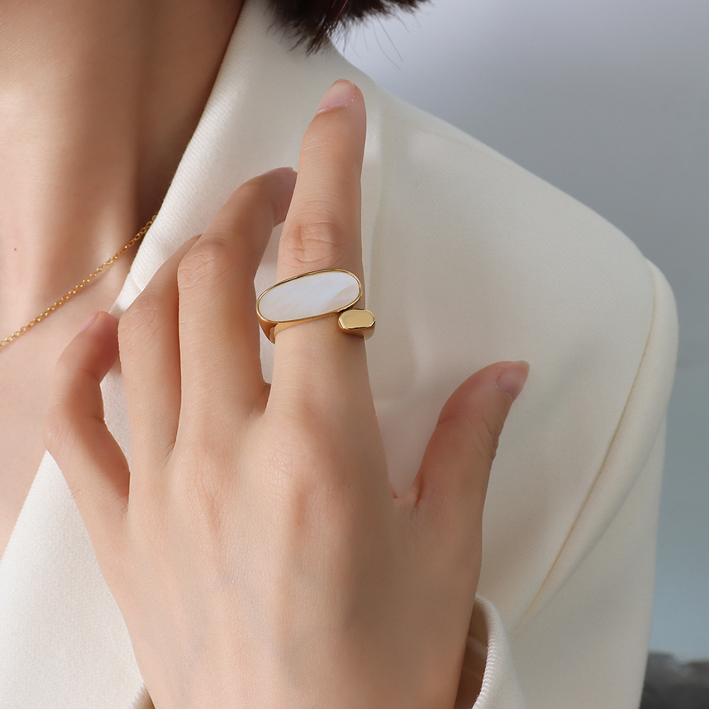 Ins Cold Style European Small Design Titanium Steel 18K PVD Gold Plated Oval Open Ring with White Mother of Pearl - Image 3