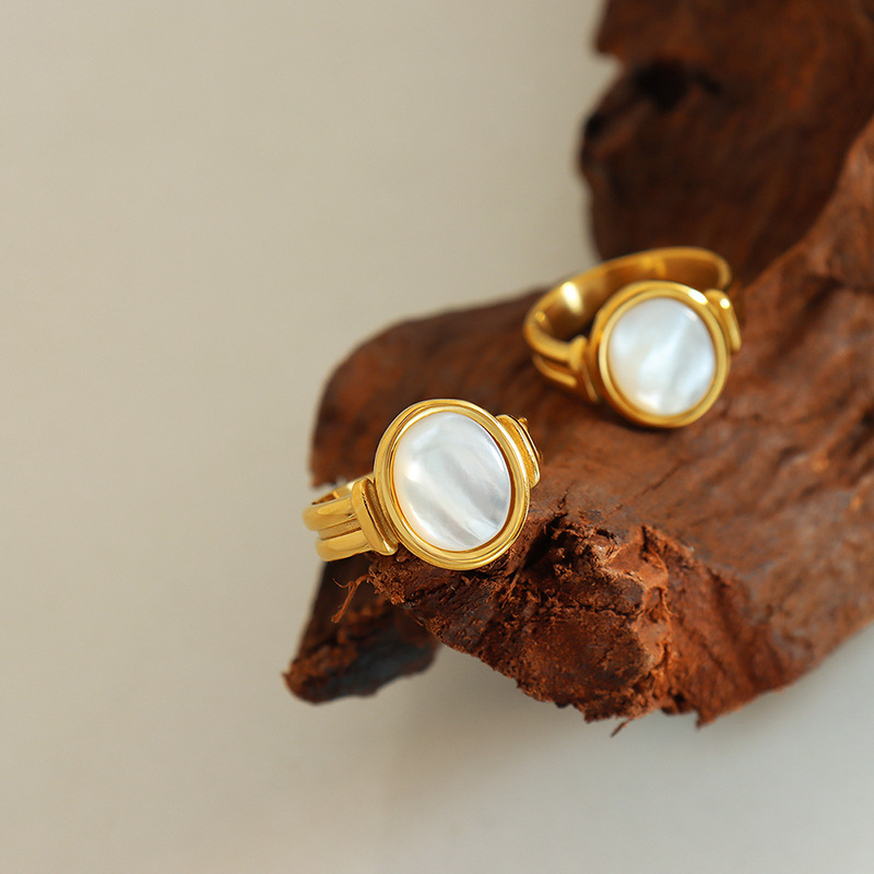 French Inspired Vintage White Seashell Enchanting Ring with 18K PVD Gold Plated Titanium Steel Open Finger Jewelry - Image 3
