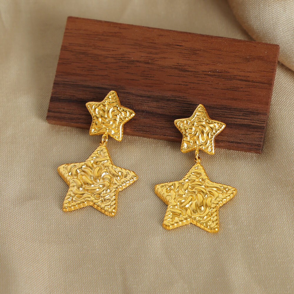 Korean trendy titanium steel 18k PVD gold plated heart and star dangle earrings lightweight stylish jewelry for women - Image 11