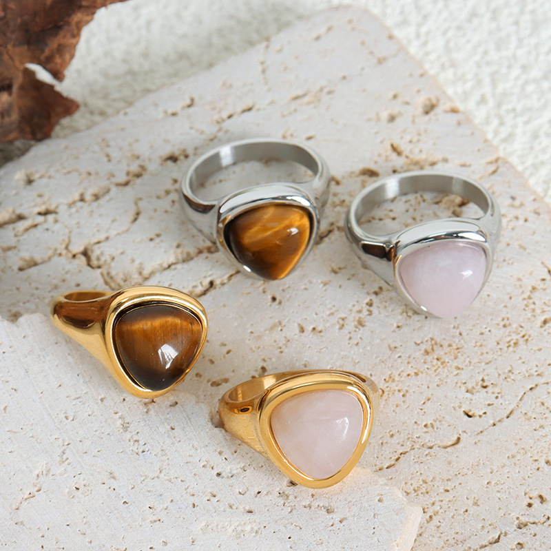 European Hot Selling Natural Rose Quartz and Tiger Eye Stone Vintage Luxury Elegant Couple Rings Titanium Steel - Image 3