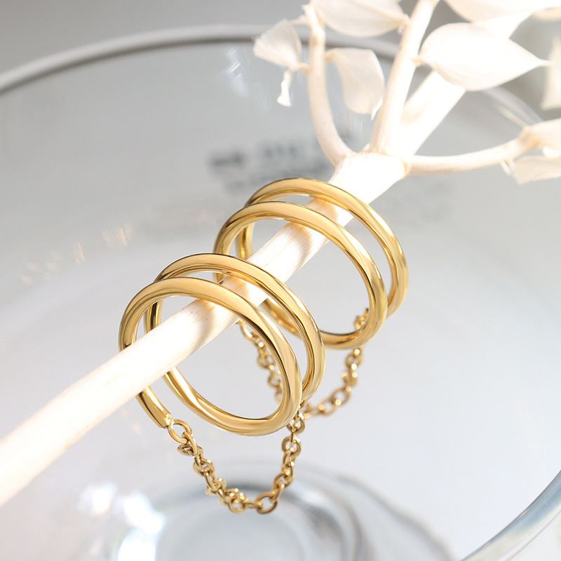 European Vintage Minimalist Double Layer Finger Ring with Small Chain for Women Titanium Steel 18K PVD Gold Plated - Image 3