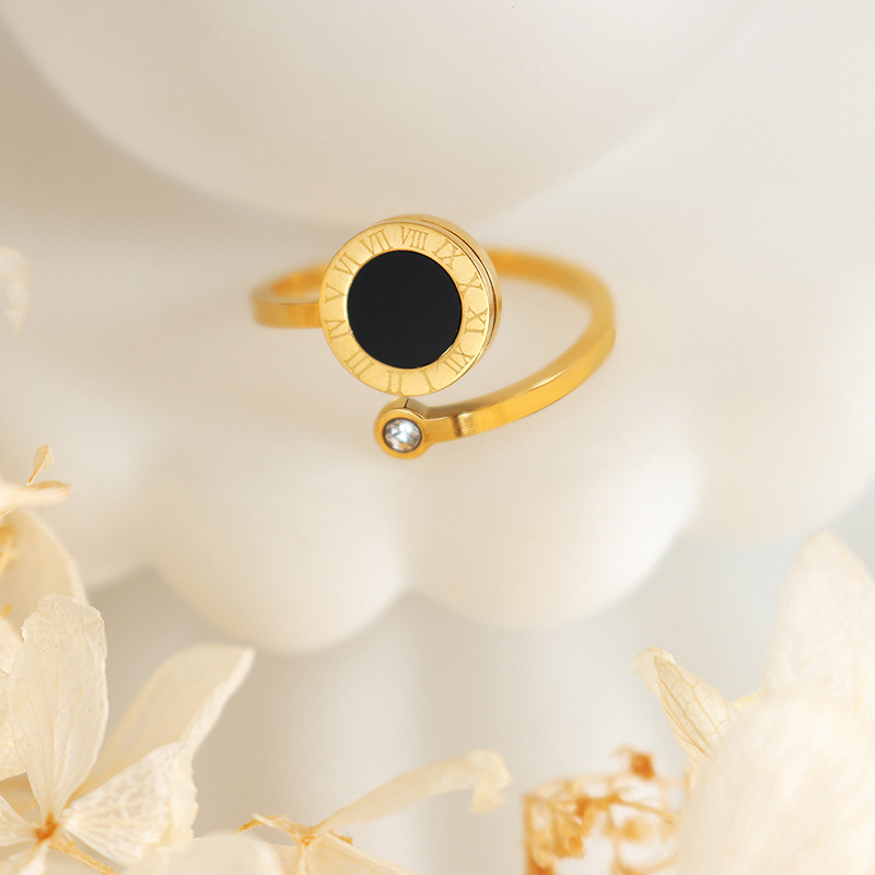 European Simple Small Design Fashion Open Ring with Gold Plating Zircon Inlay and Acrylic Titanium Steel Jewelry - Image 3