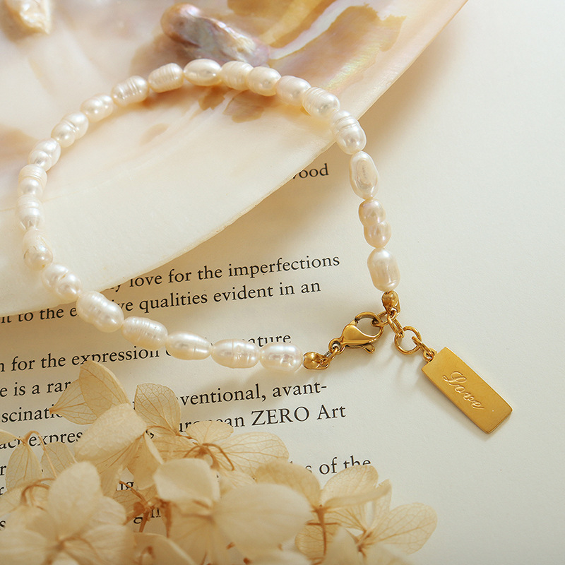 French-Inspired Titanium Steel 18K PVD Gold Plated Alphabet Pendant and Freshwater Pearl Bracelet - Image 3