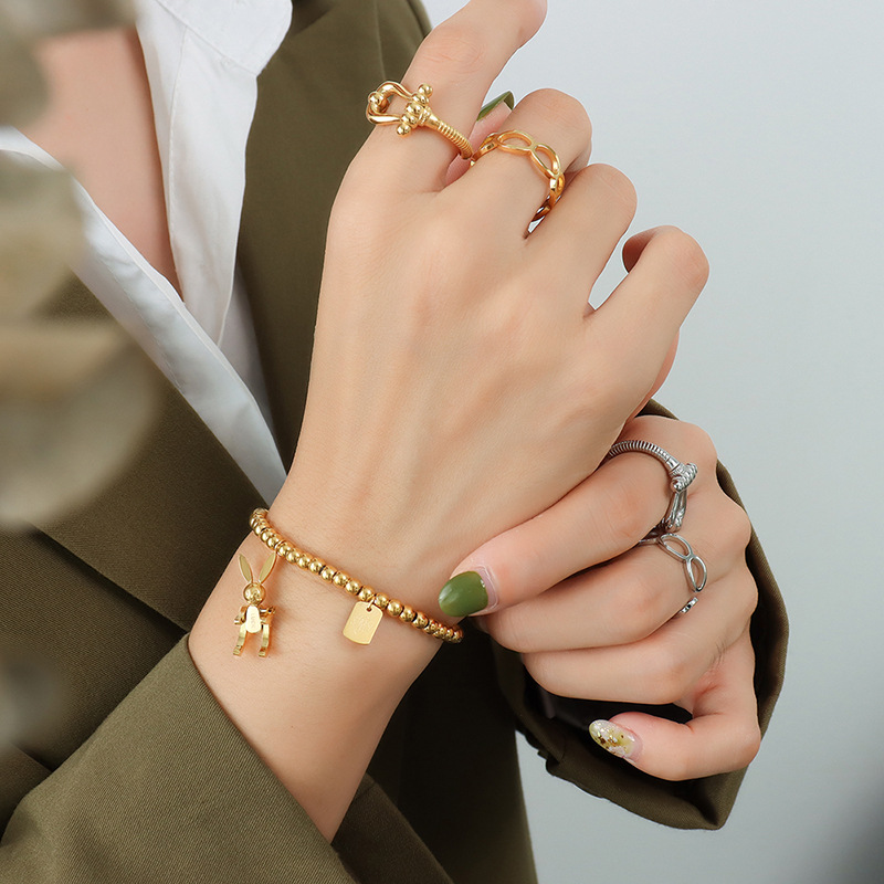 Minimalist Luxe Rabbit Design Titanium Steel Bracelet 18K PVD Gold Plated Elastic Bead Bracelet Jewelry - Image 4