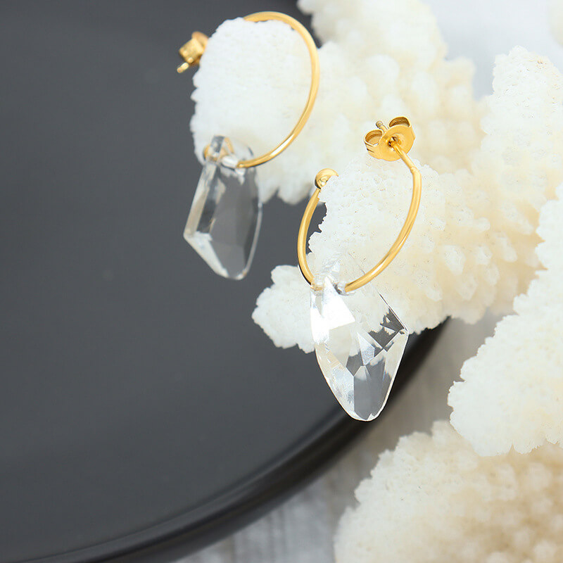 Trending Hook Earrings with Faceted Crystal 18K Gold Plated Stainless Steel INS Minimalist Style - Image 2