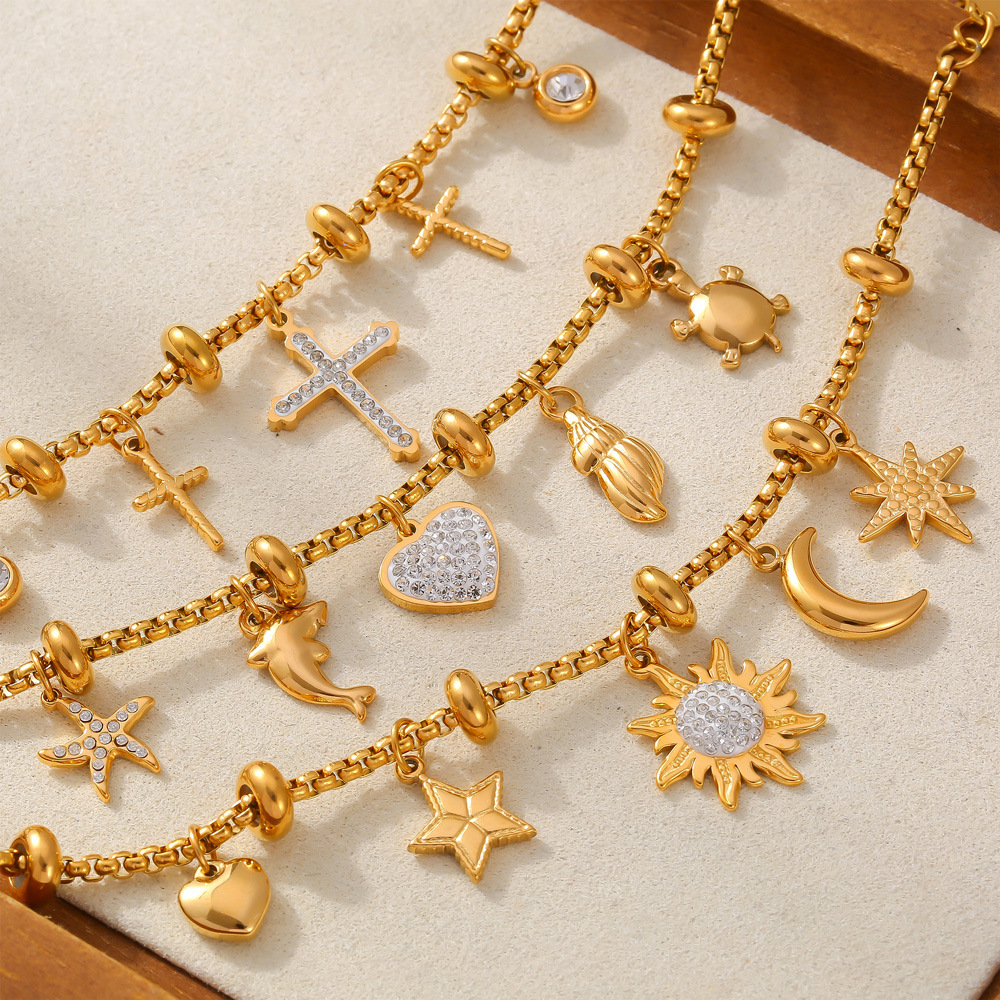 Retro Box Chain Bracelet with Multi-Pendant Design 18K PVD Gold Plated Titanium Steel Jewelry - Image 3