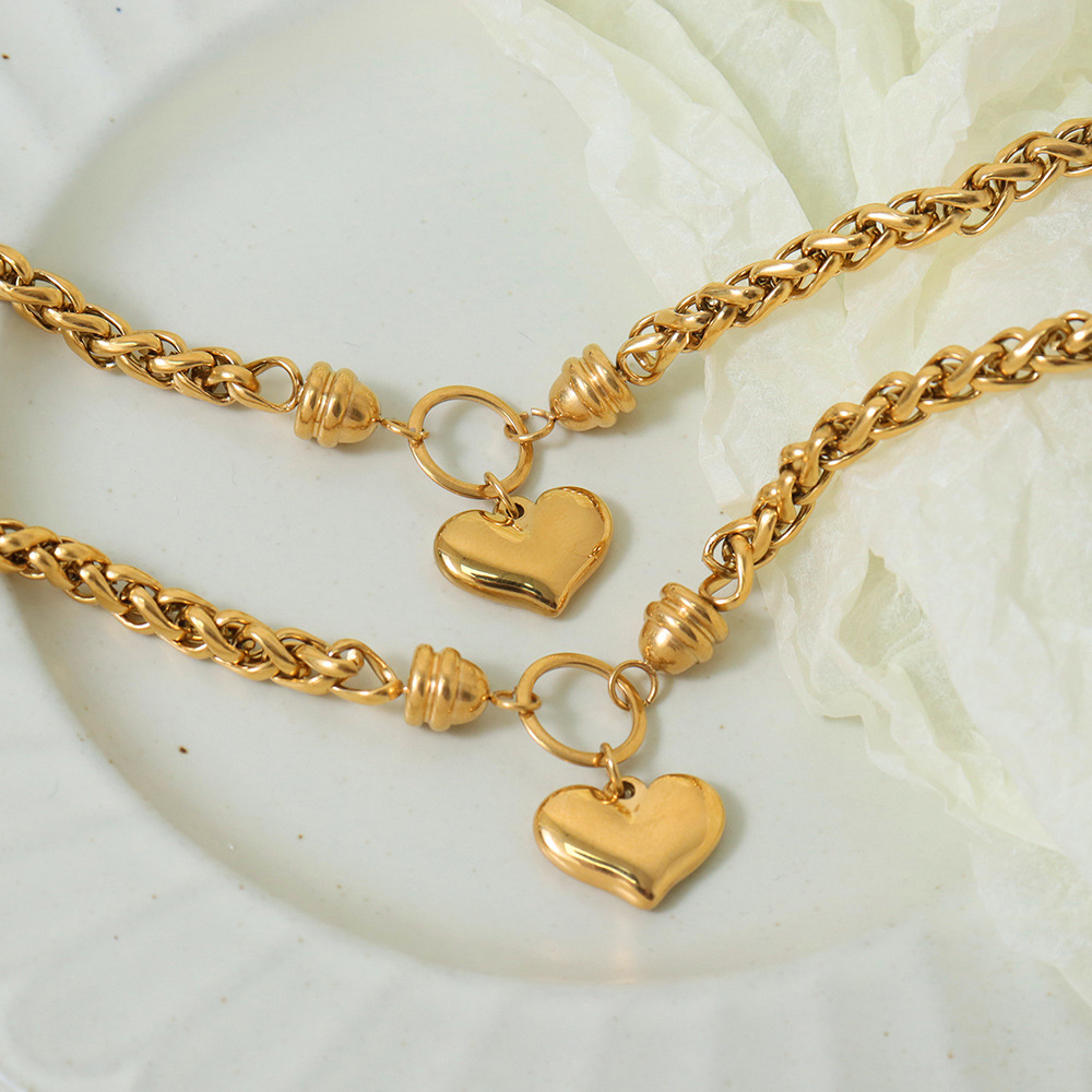 Geometric Chain Bracelet with Heart Pendant 18K PVD Gold Plated Titanium Steel Elegant Design Jewelry - Image 3