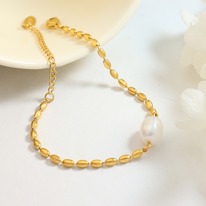 Freshwater Pearl Bead Chain Bracelet Unisex Trendy 18K PVD Gold Plated Titanium Steel for Friends - Image 3