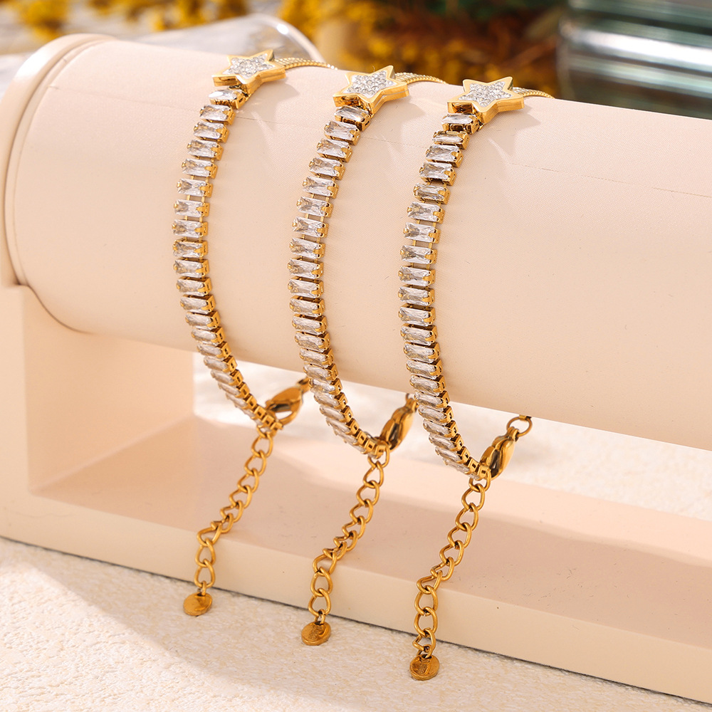 French INS Blade Chain Pentagram Rectangle Zircon Bracelet Luxe 18K PVD Gold Plated Titanium Steel Jewelry - Image 2