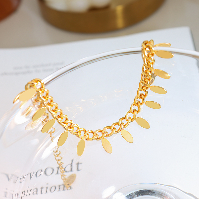 Thai Style Simple Chain Leaf Tassel Bracelet 18K PVD Gold Plated Titanium Steel Jewelry - Image 3